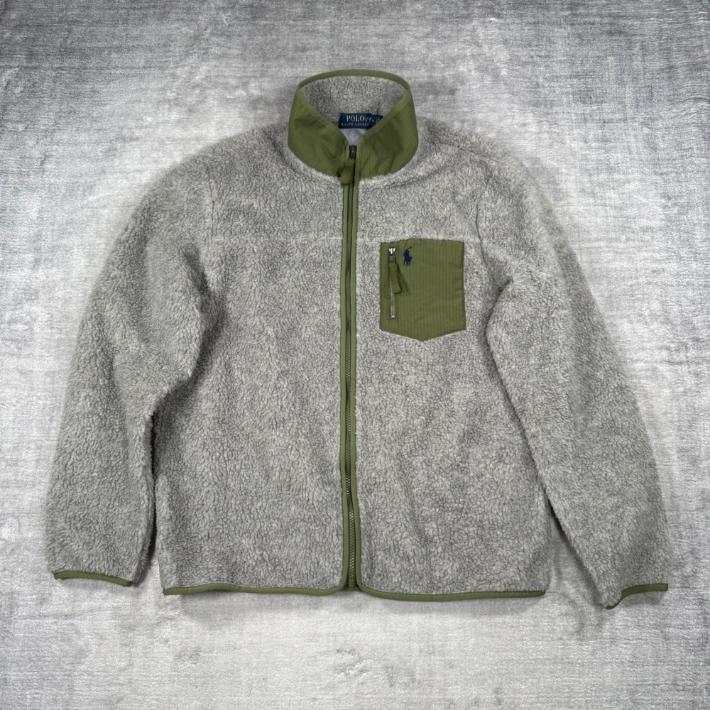 Polo Ralph Lauren Jacket Mens Medium Gray Olive Sherpa Fleece Hybrid Pile